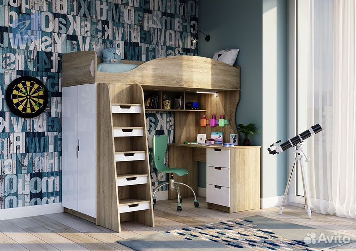 Сэнди Кровать-чердак Дуб Сонома светлый Белый глян