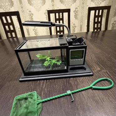 Аквариум настольный с подсветкой, часами и сачком