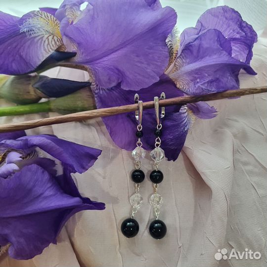 Серьги с черным агатом и горным хрусталем