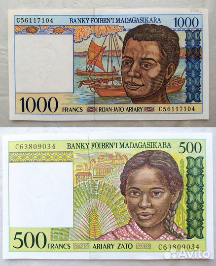 2 банкноты Мадагаскара 1000 и 500 франков