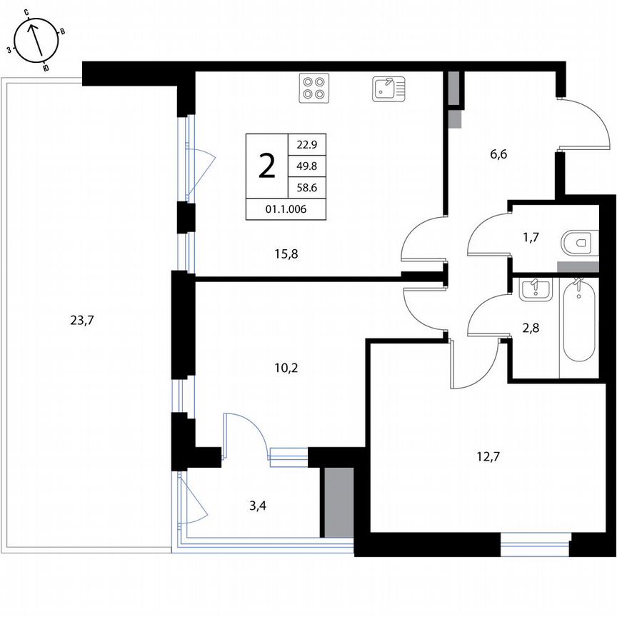 2-к. квартира, 58,6 м², 1/3 эт.
