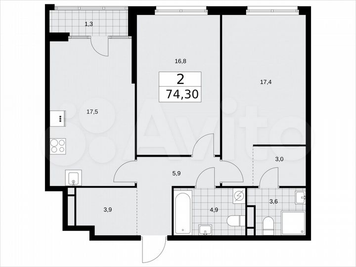2-к. квартира, 74,3 м², 16/16 эт.