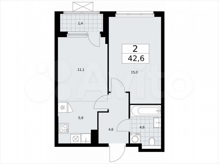 2-к. квартира, 42,6 м², 13/19 эт.