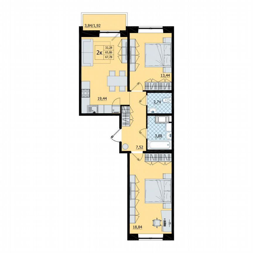 2-к. квартира, 67,8 м², 6/9 эт.