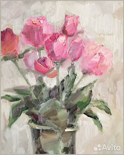 Картины маслом на холсте Розы для любимой бежевый