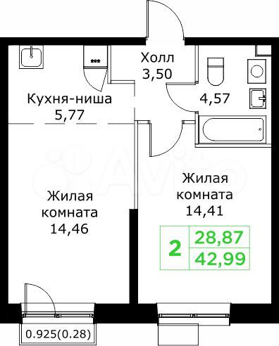 2-к. квартира, 43 м², 11/25 эт.