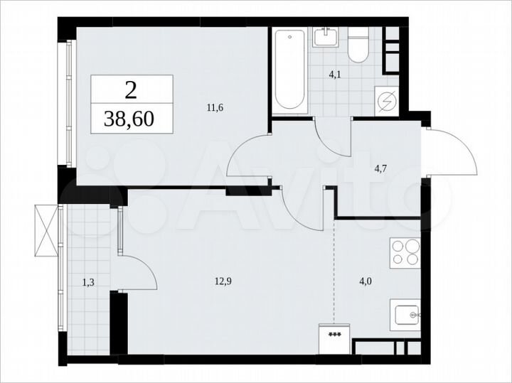 2-к. квартира, 38,6 м², 9/10 эт.