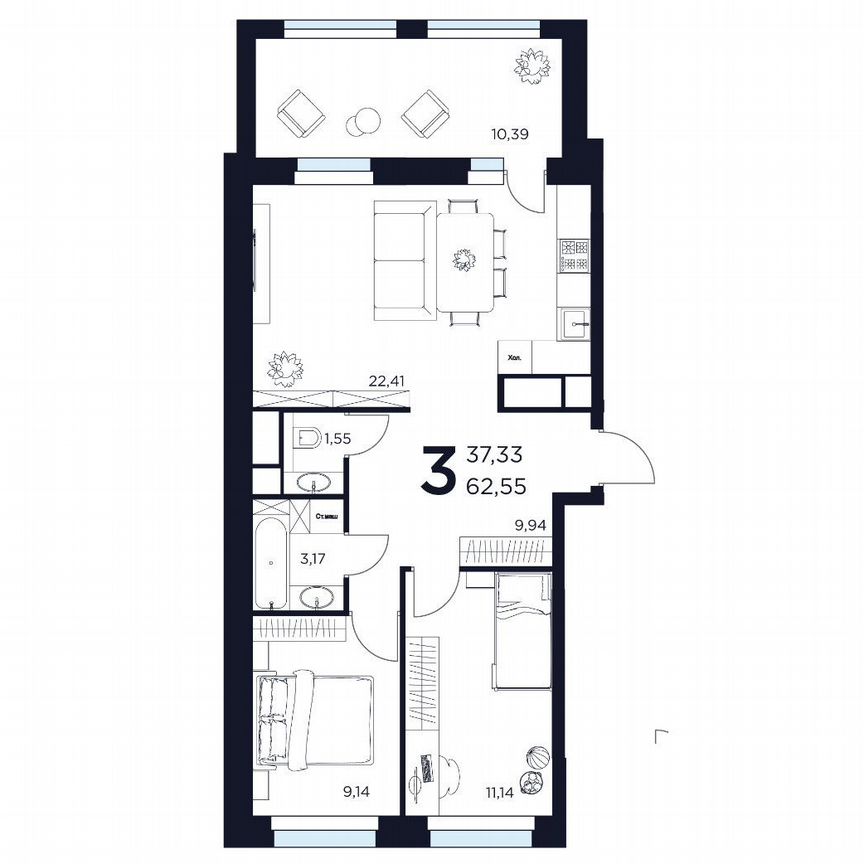 3-к. квартира, 62,6 м², 15/15 эт.