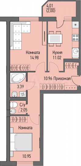 2-к. квартира, 54,9 м², 3/16 эт.