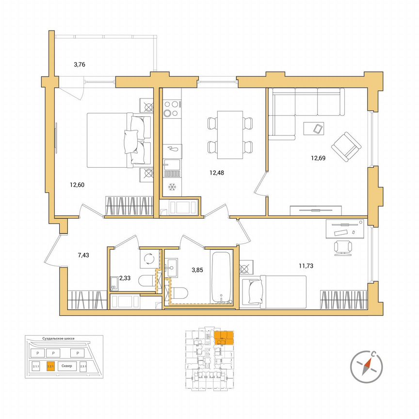 3-к. квартира, 65 м², 15/25 эт.