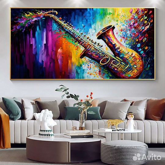 Яркая картина маслом на холсте саксофон