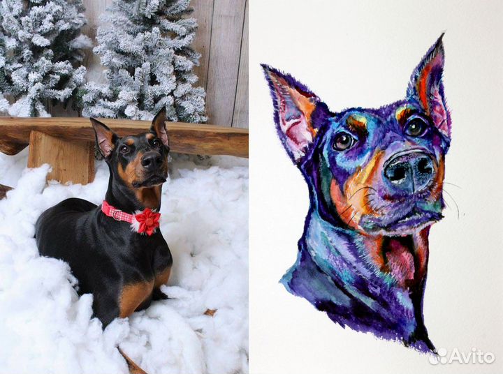 Портрет собаки на заказ по фото акварелью