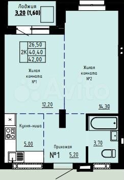 Своб. планировка, 41,7 м², 10/20 эт.