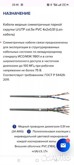 Кабель витая пара UTP 5e медь, 0.51мм, 305м