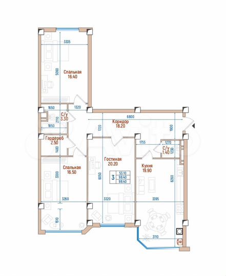 3-к. квартира, 98,4 м², 7/8 эт.