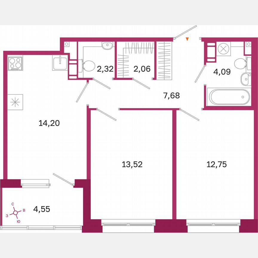 2-к. квартира, 58,9 м², 7/10 эт.