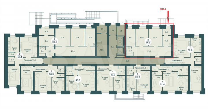 2-к. квартира, 66,8 м², 1/14 эт.