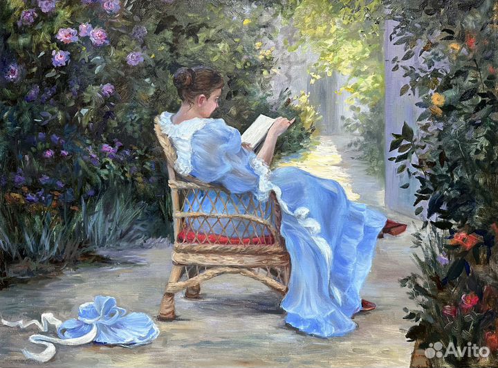 Картина маслом Девушка с книгой в летнем саду