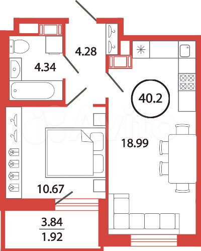 1-к. квартира, 40,2 м², 9/12 эт.
