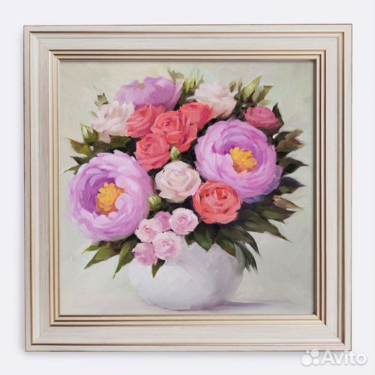 Картина маслом на холсте букет цветов Розы, 25х25