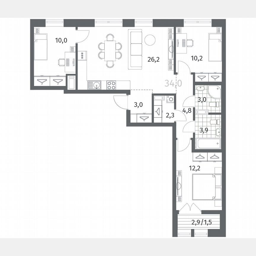 3-к. квартира, 77,1 м², 7/12 эт.