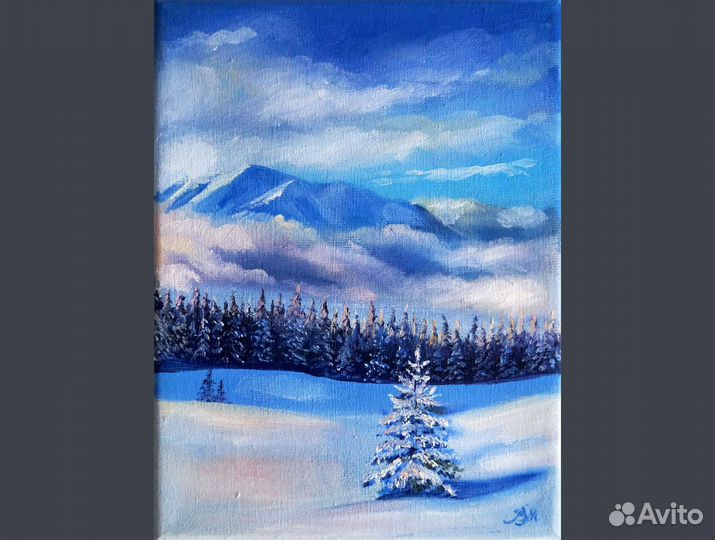 Картина с зимним пейзажем маслом на холсте