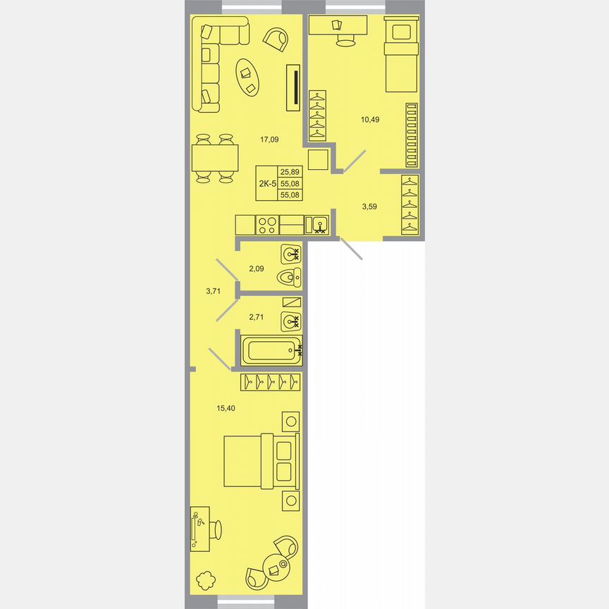 2-к. квартира, 55,1 м², 3/17 эт.