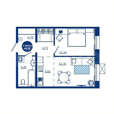 1-к. квартира, 43,3 м², 2/17 эт.