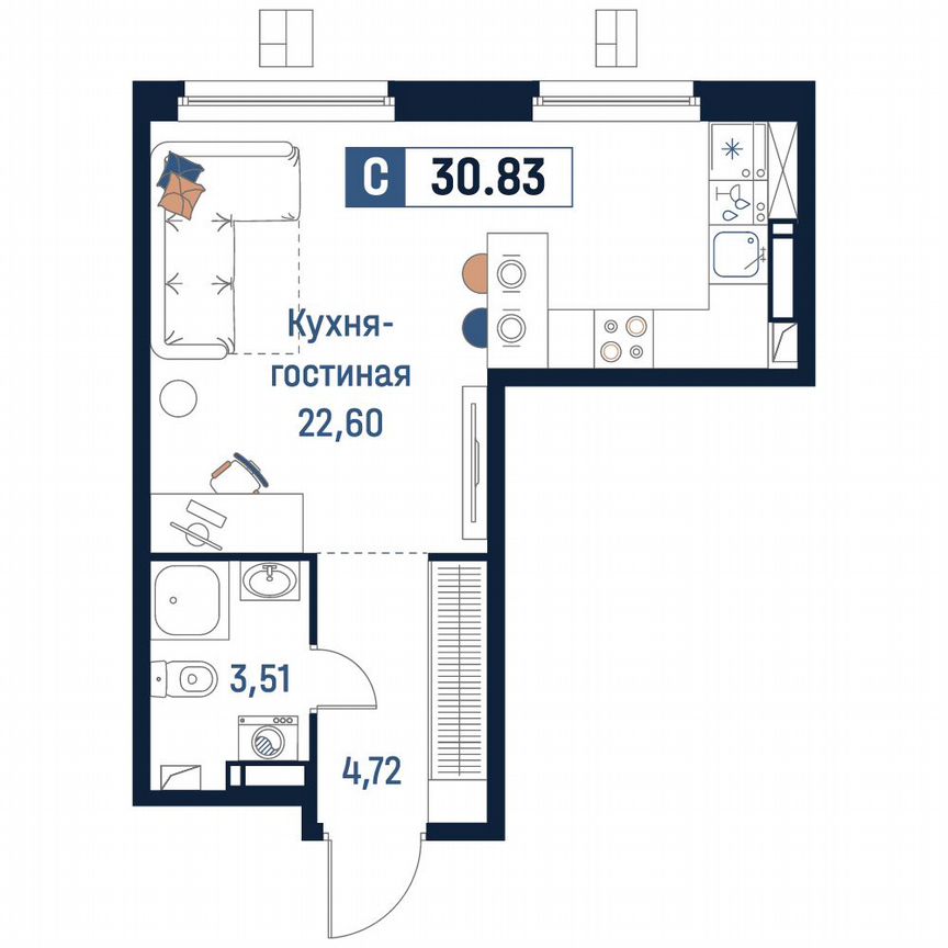 Квартира-студия, 30,8 м², 8/18 эт.