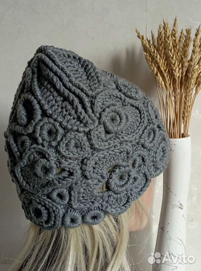 Шапка вязаная 100% шерсть ирландское кружево 54-56