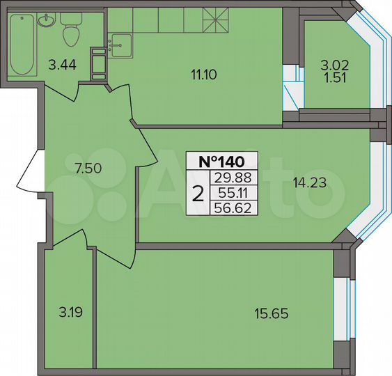 2-к. квартира, 56,6 м², 4/9 эт.