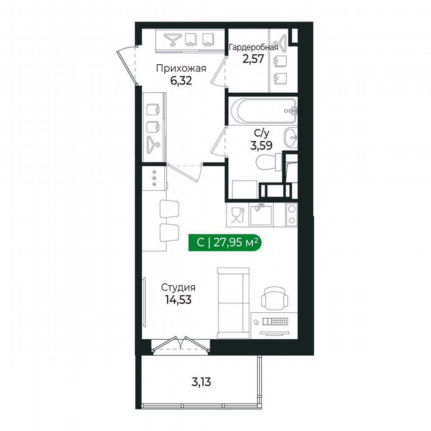Квартира-студия, 28 м², 4/8 эт.