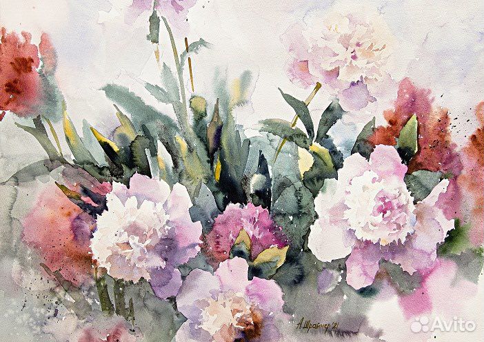 Постер картина акварель Пионы