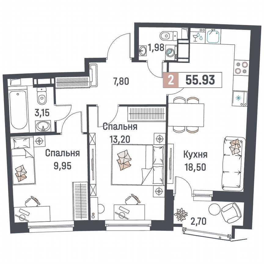 2-к. квартира, 55,9 м², 11/18 эт.