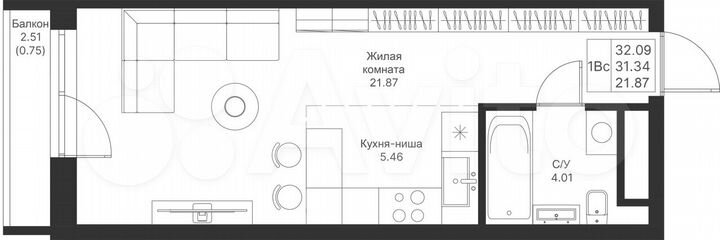 Квартира-студия, 32,1 м², 4/24 эт.