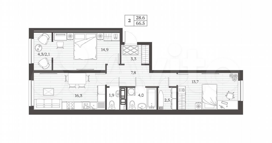 2-к. квартира, 66,5 м², 4/8 эт.