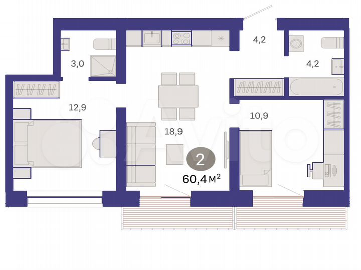2-к. квартира, 60,4 м², 5/8 эт.