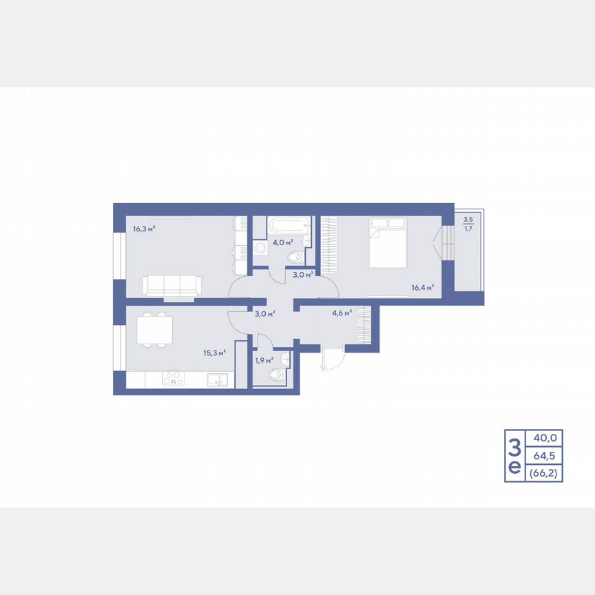 3-к. квартира, 66,2 м², 16/19 эт.