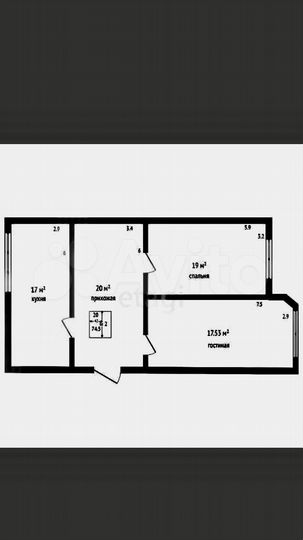 2-к. квартира, 74 м², 1/9 эт.