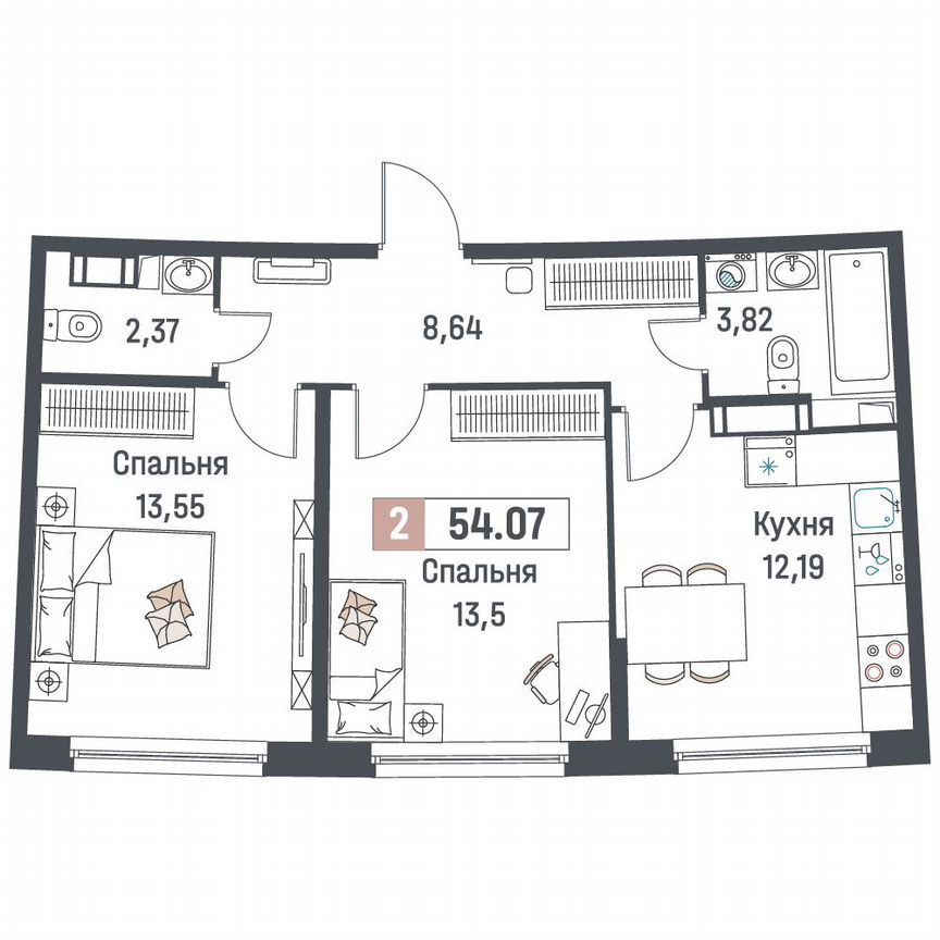2-к. квартира, 54,1 м², 4/18 эт.