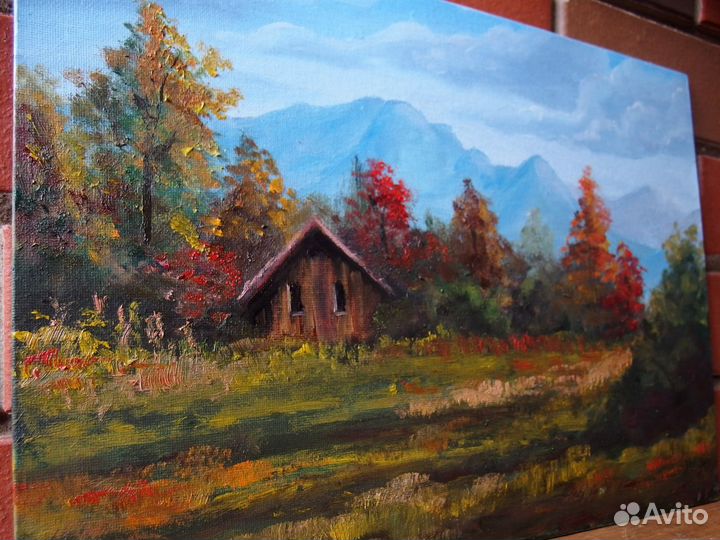 Картина пейзаж домик в горах, яркая осень, горы