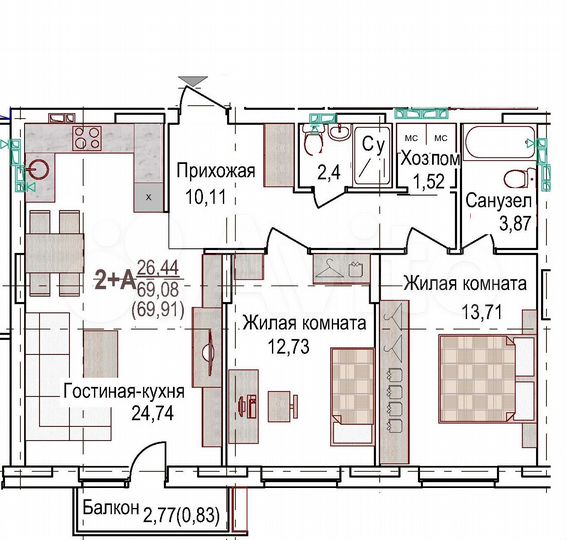 2-к. квартира, 71,4 м², 1/8 эт.