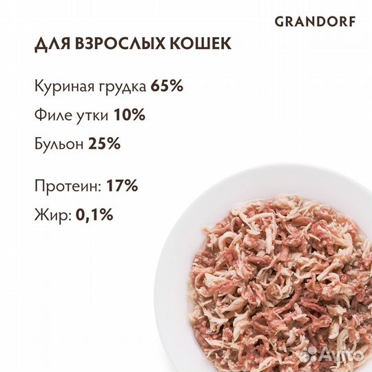 Grandorf консервы для кошек: куриная грудка с утин