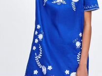 Платье синее Zara шитье S изо льна