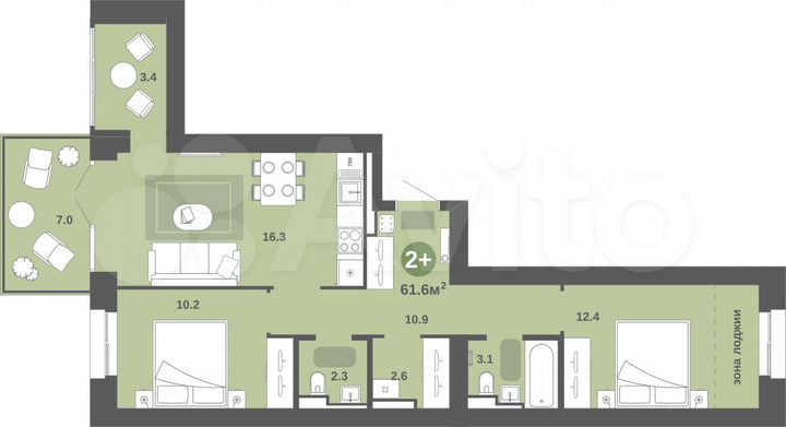 2-к. квартира, 61,6 м², 1/9 эт.