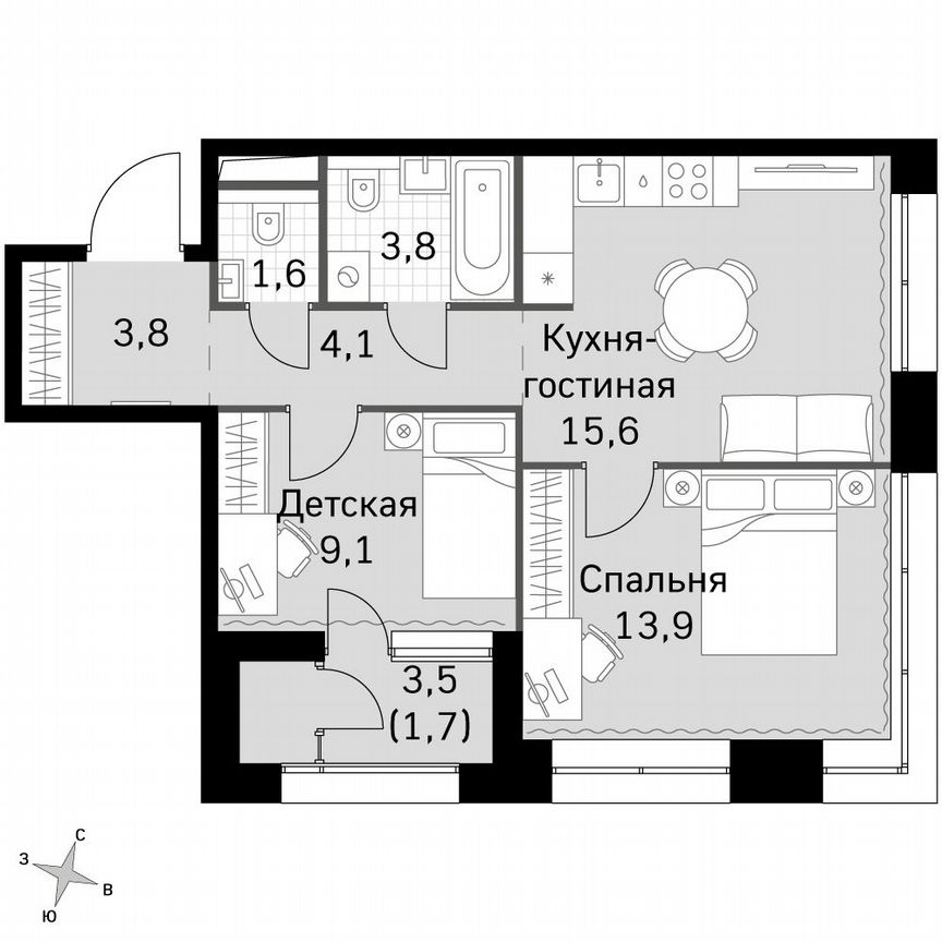 2-к. квартира, 53,5 м², 5/5 эт.