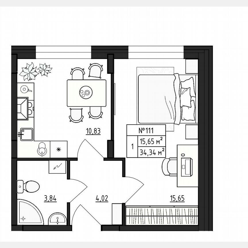1-к. квартира, 34,3 м², 1/4 эт.