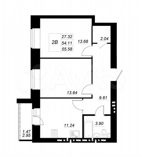 2-к. квартира, 55,6 м², 7/10 эт.