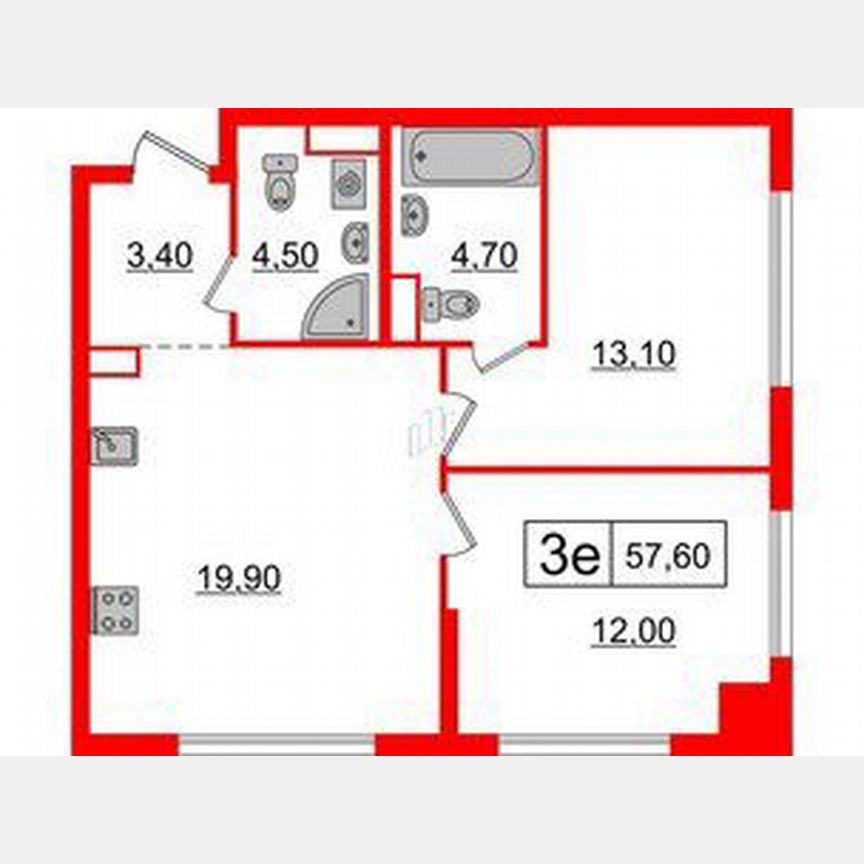 2-к. квартира, 57,6 м², 7/12 эт.