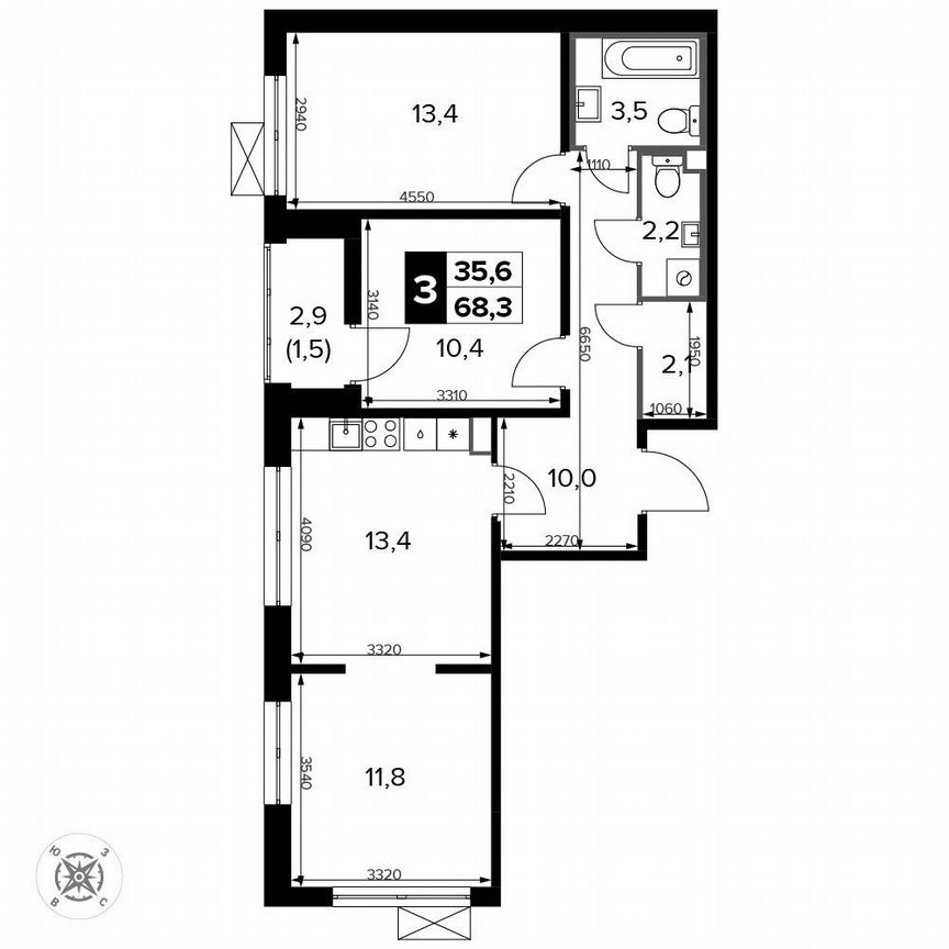 3-к. квартира, 68,3 м², 11/14 эт.